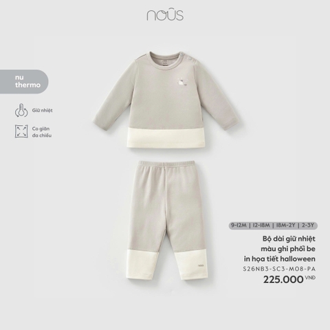 (9M-2Y) NOUS S30 - Bộ dài giữ nhiệt màu ghi phối be in họa tiết halloween 2Y -