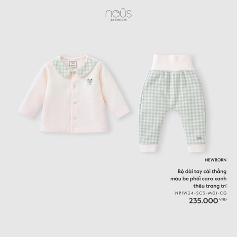 (Newborn) NOUS - Bộ dài tay cài thẳng màu be phối caro xanh thêu trang trí - Newborn