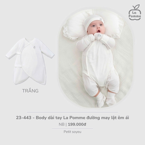 (NB-3M) LP - Body dài tay La Pomme đường may lật êm ái - Trắng