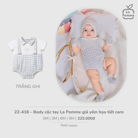 (0M-9M) LP - Body cộc tay La Pomme giả yếm họa tiết caro - Trắng Ghi