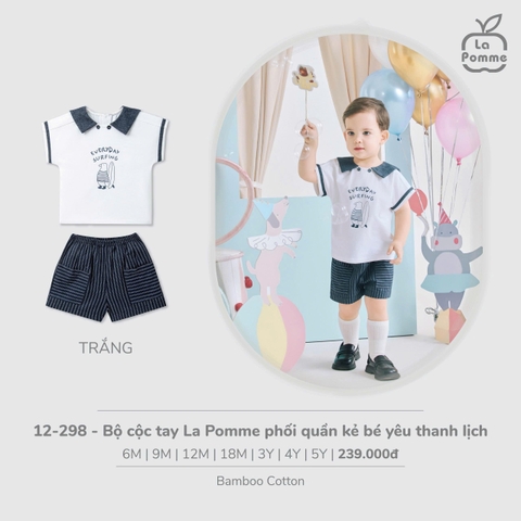 (6M-4Y) LP - Bộ cộc tay La Pomme phối quần kẻ bé yêu thanh lịch - Trắng