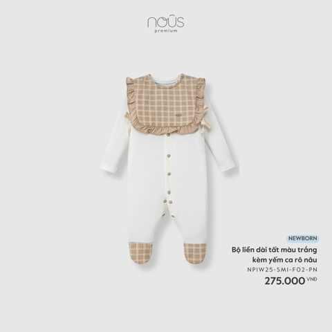 (Newborn) NOUS - Bộ liền dài tất màu trắng kèm yếm ca rô nâu - Newborn