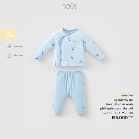 (Newborn) NOUS - Bộ dài tay áo họa tiết chim xanh phối quần xanh da trời - Newborn