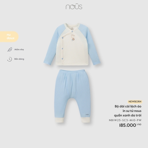 (Newborn) NOUS - Bộ dài cài lệch áo in sư tử nous quần xanh da trời - Newborn