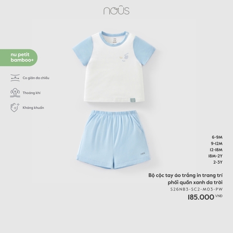 (6M-2Y) NOUS - Bộ cộc tay áo trắng in trang trí phối quần xanh da trời - 2-3Y
