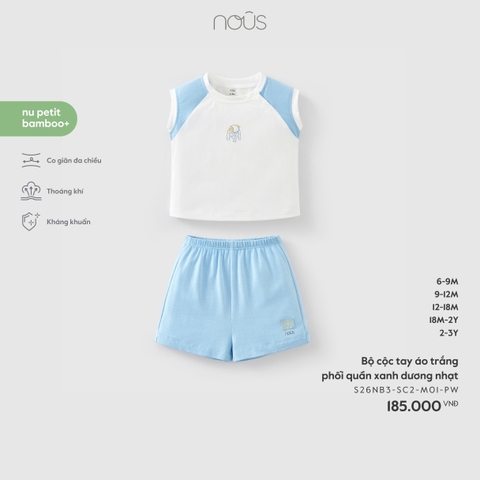 (6M-2Y) NOUS - Bộ cộc tay áo trắng phối quần xanh dương nhạt - 18-24M
