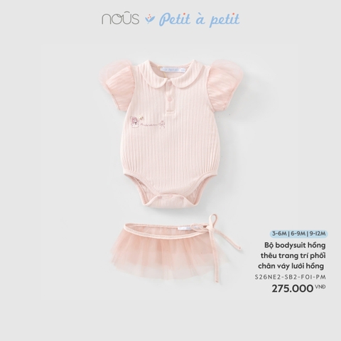 (3M-9M) NOUS - Bộ bodysuit hồng thêu trang trí phối chân váy lưới hồng - 6-9M