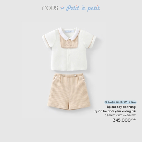 (0M-9M) NOUS - Bộ cộc tay áo trắng quần be phối yếm vuông rời - 9-12M