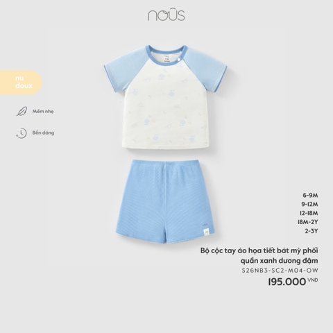 (6M-2Y) NOUS - Bộ cộc tay áo họa tiết bát mỳ phối quần xanh dương đậm - 2-3Y