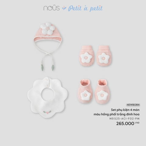 (Newborn) NOUS - Set phụ kiện 4 món màu hồng phối trắng đính hoa - Newborn