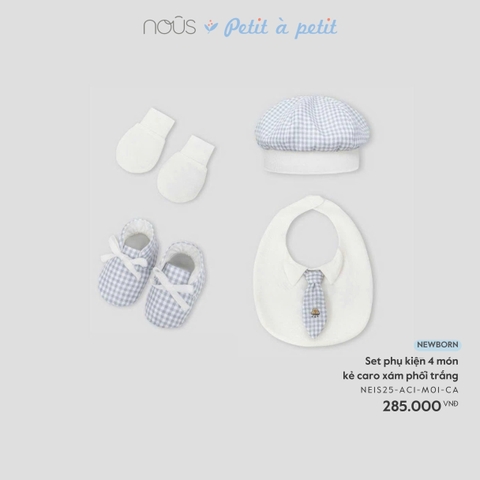 (Newborn) NOUS - Set phụ kiện 4 món kẻ caro xám phối trắng - Newborn