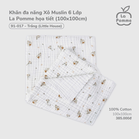(FS) LP - Khăn đa năng Xô Muslin 6 Lớp La Pomme họa tiết (100x100cm) - Trắng (Little House)