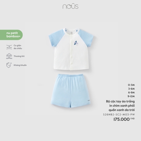 (0M-9M) NOUS - Bộ cộc tay áo trắng in chim xanh phối quần xanh da trời - 0-3M