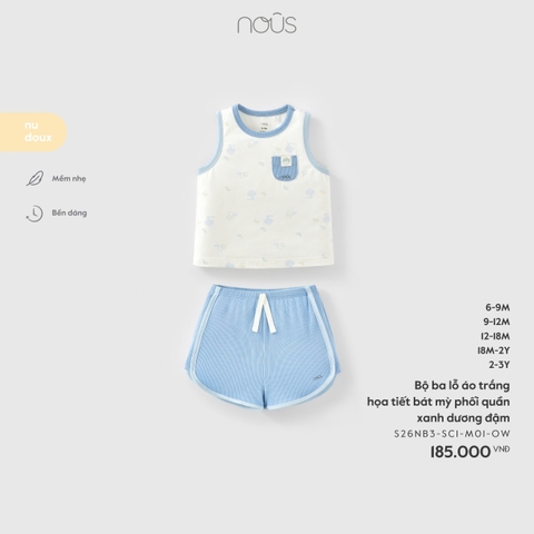 (6M-2Y) NOUS - Bộ ba lỗ áo trắng họa tiết bát mỳ phối quần xanh dương dậm - 18-24M