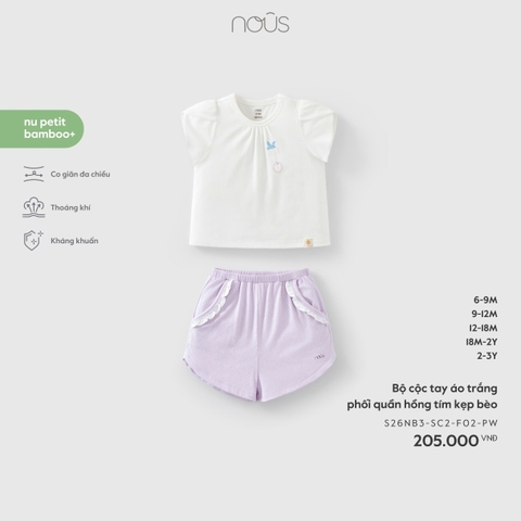 (6M-2Y) NOUS - Bộ cộc tay áo trắng phối quần hồng tím kẹp bèo - 9-12M