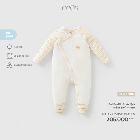 (Newborn) NOUS - Bộ liền dài tất cài lệch trắng phối kẻ cam - Newborn