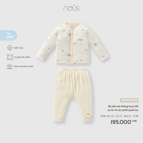 (Newborn) NOUS - Bộ dài cài thẳng họa tiết sư tử và sóc phối quần be - Newborn