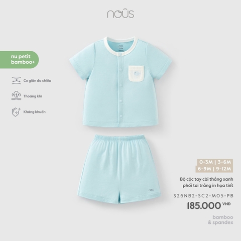 (0M-9M) NOUS - Bộ cộc tay cài thẳng xanh phối túi trắng in họa tiết - 6-9M