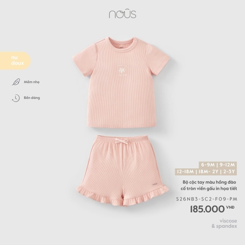 (6M-2Y) NOUS - Bộ cộc tay màu hồng đào cổ tròn viền gấu in họa tiết - 18-24M