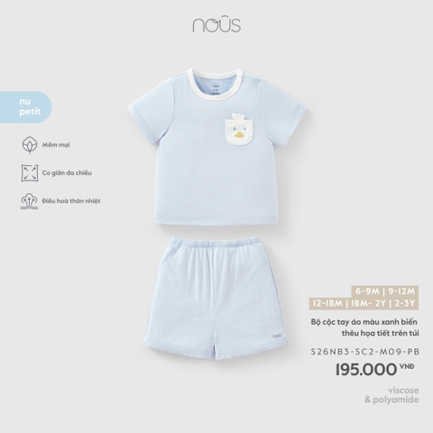 (6M-2Y) NOUS - Bộ cộc tay áo màu xanh biển thêu họa tiết trên túi - 2-3Y