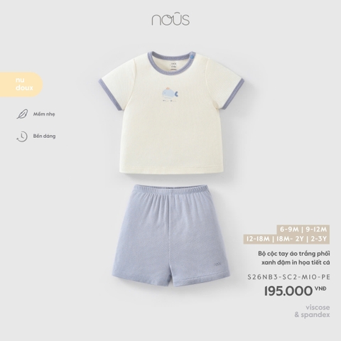 (6M-2Y) NOUS - Bộ cộc tay áo trắng phối xanh đậm in họa tiết cá - 18-24M