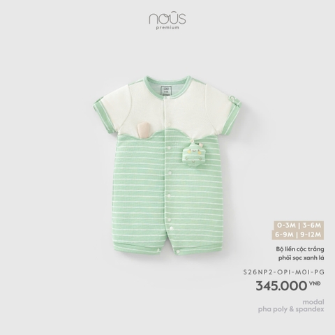 (0M-9M) NOUS - Bộ liền cộc trắng phối sọc xanh lá - 6-9M