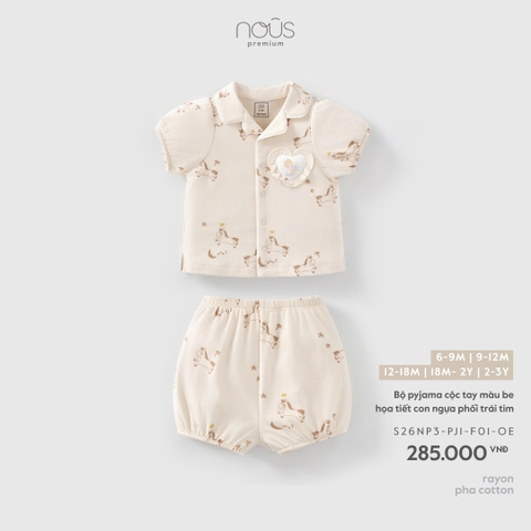 (6M-2Y) NOUS - Bộ pyjama cộc tay màu be họa tiết con ngựa phối trái tim - 12-18M