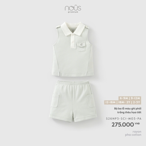 (6M-2Y) NOUS - Bộ ba lỗ màu ghi phối trắng thêu họa tiết - 9-12M