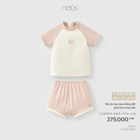 (9M-2Y) NOUS S30 - Bộ cộc tay màu hồng đất phối be in họa tiết - 9-12M