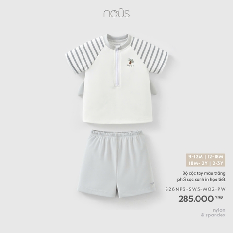 (9M-2Y) NOUS - Bộ cộc tay màu trắng phối sọc xanh in họa tiết - 18-24M