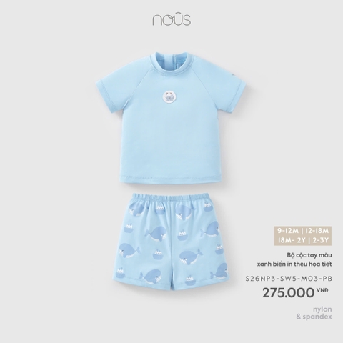 (9M-2Y) NOUS - Bộ cộc tay màu xanh biển in thêu họa tiết - 9-12M