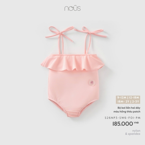 (9M-2Y) NOUS - Bộ bơi liền hai dây màu hồng thêu patch - 12-18M