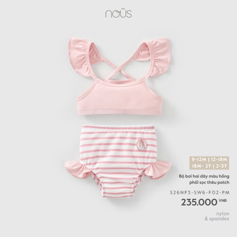 (9M-2Y) NOUS - Bộ bơi hai dây màu hồng phối sọc thêu patch - 12-18M
