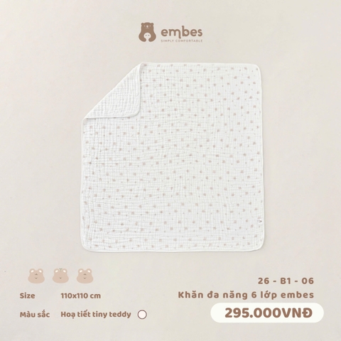 (FS) EMBES - Khăn đa năng 6 lớp embes Hoạ tiết tiny teddy - 26-B1-06