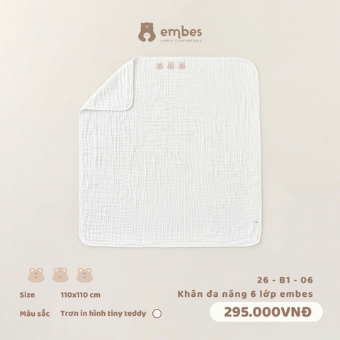 (FS) EMBES - Khăn đa năng 6 lớp embes trơn in hình tiny teddy - 26-B1-06
