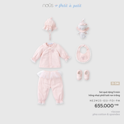 (0-3M) NOUS - Set quà tặng 5 món hồng nhạt phối lưới ren trắng - SS26.T7A