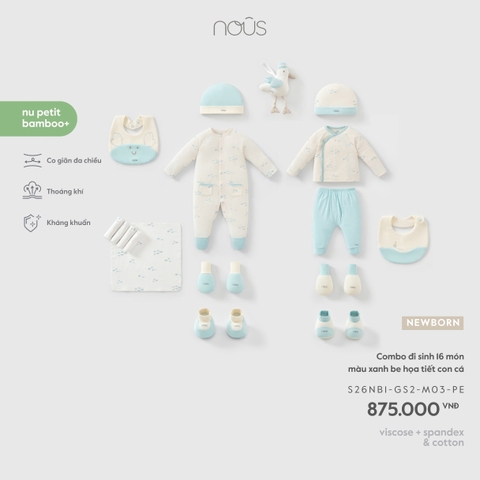 (Newborn) NOUS - Combo đi sinh 16 món màu xanh be họa tiết con cá - Newborn