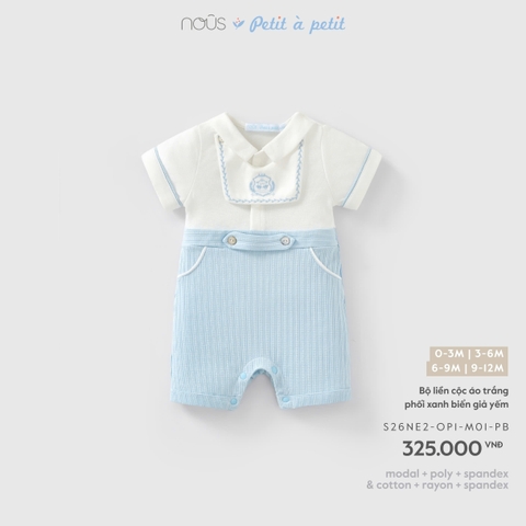 (0M-9M) NOUS - Bộ liền cộc áo trắng phối xanh biển giả yếm - 6-9M
