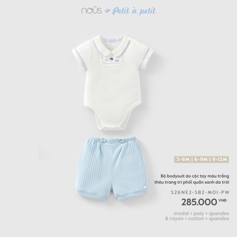 (0M-9M) NOUS - Bộ bodysuit áo cộc tay màu trắng thêu trang trí phối quần xanh da trời - 6-9M