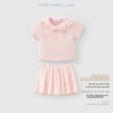 (6M-2Y) NOUS - Bộ cộc tay màu hồng cổ thủy thủ thêu họa tiết - 2-3Y