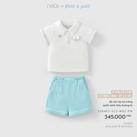 (6M-2Y) NOUS - Bộ cộc tay áo trắng quần xanh thêu hoàng tử - 12-18M