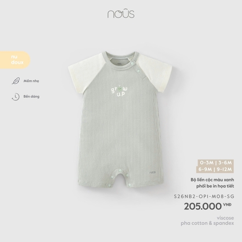 (0M-9M) NOUS - Bộ liền cộc màu xanh phối be in họa tiết - 3-6M