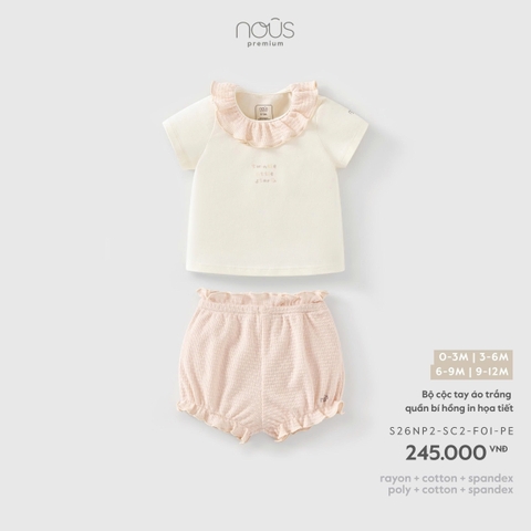 (0M-9M) NOUS - Bộ cộc tay áo trắng quần bí hồng in họa tiết - 6-9M