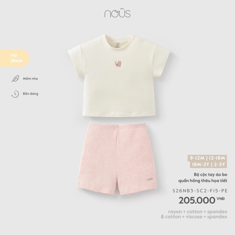 (6M-2Y) NOUS - Bộ cộc tay áo be quần hồng thêu họa tiết - 2-3Y