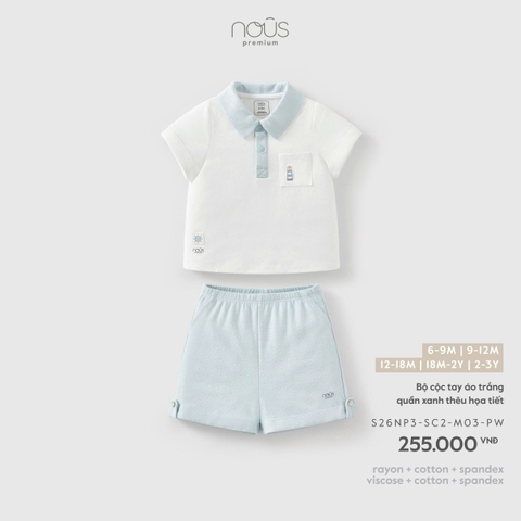 (6M-2Y) NOUS - Bộ cộc tay áo trắng quần xanh thêu họa tiết - 2-3Y