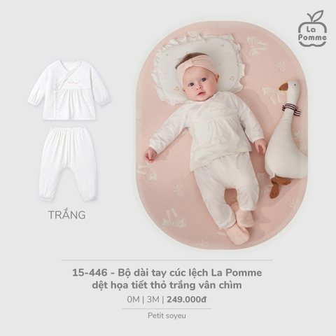 (NB-3M) LP - Bộ dài tay cúc lệch La Pomme dệt họa tiết thỏ trắng vân chìm - Trắng