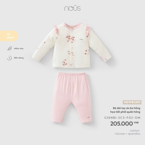 (Newborn) NOUS - Bộ dài tay áo be hồng họa tiết phối quần hồng - Newborn