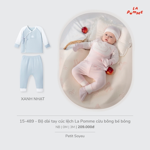 (NB-3M) LP - Bộ dài tay cúc lệch La Pomme cừu bông bé bỏng - Xanh nhạt