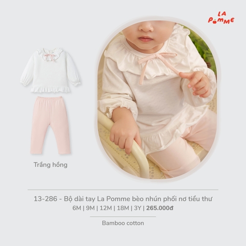 (6M-2Y) LP - Bộ dài tay La Pomme bèo nhún phối nơ tiểu thư - Trắng Hồng
