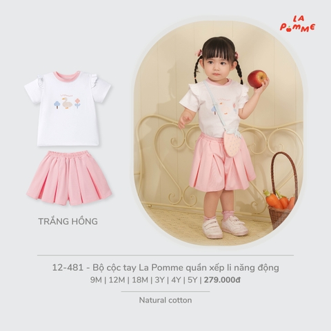 (9M-4Y) LP - Bộ cộc tay La Pomme quần xếp li năng động - Trắng Hồng